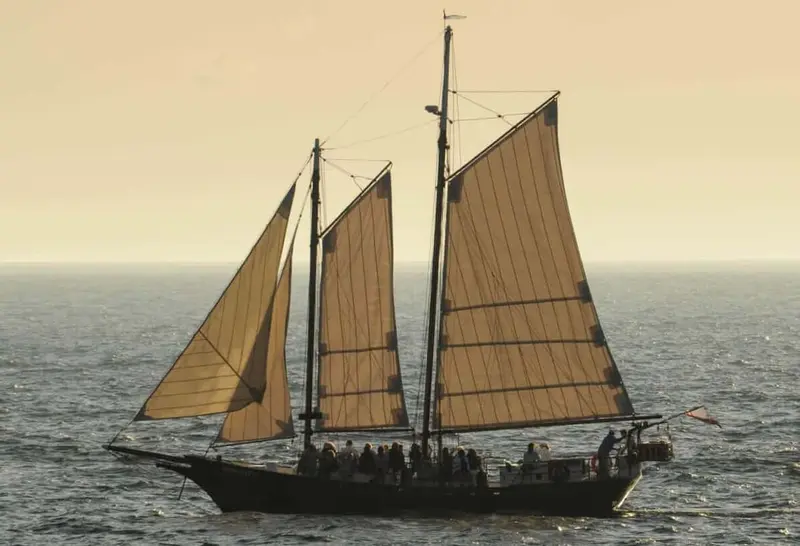 A two-masted schooner under tan sails in golden evening light, with people along her deck
